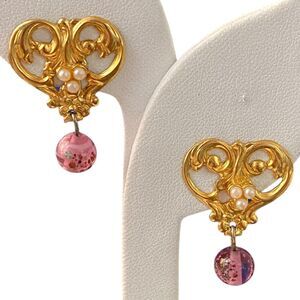 Gold Tone Faux Pearl Seeds Art Nouveau Style Heart Dangle Open Scroll Earrings